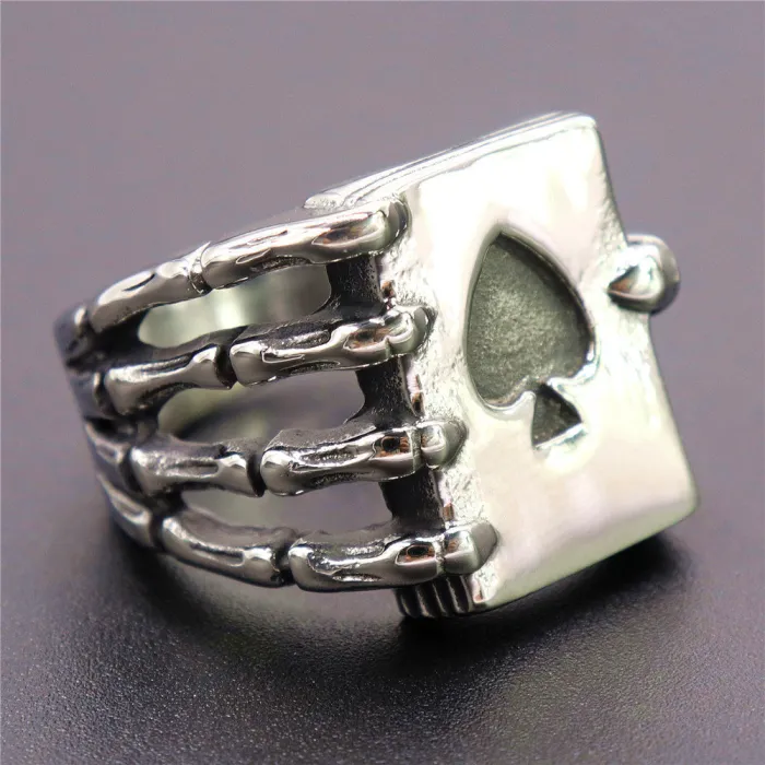 Skull Ace of Spades Ring – Stainless Steel Skeleton Holding Spade Symbol, Unisex Titanium Steel Mini Ring Wholesale