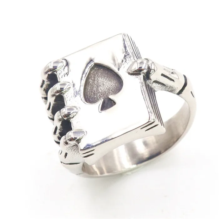 Skull Ace of Spades Ring – Stainless Steel Skeleton Holding Spade Symbol, Unisex Titanium Steel Mini Ring Wholesale