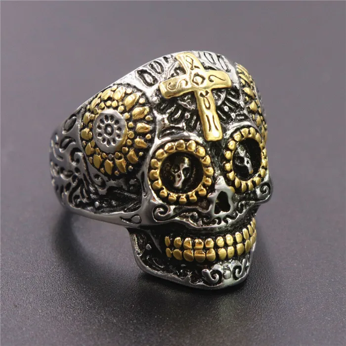 Gold Inlay Skull Cross Ring – Titanium Steel Gothic Carved Skeleton Ring for Men, Stainless Steel Punk Jewelry Wholesale