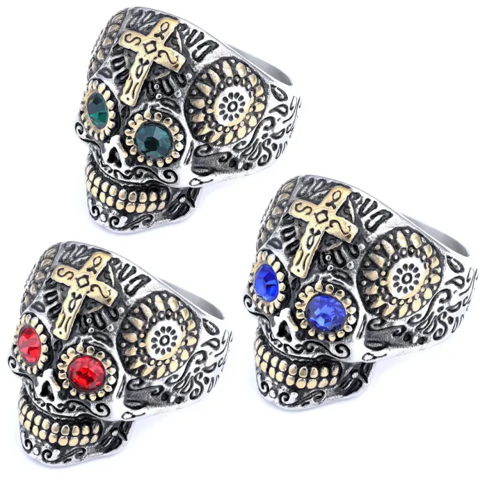 Gold Inlay Skull Cross Ring – Titanium Steel Gothic Carved Skeleton Ring for Men, Stainless Steel Punk Jewelry Wholesale