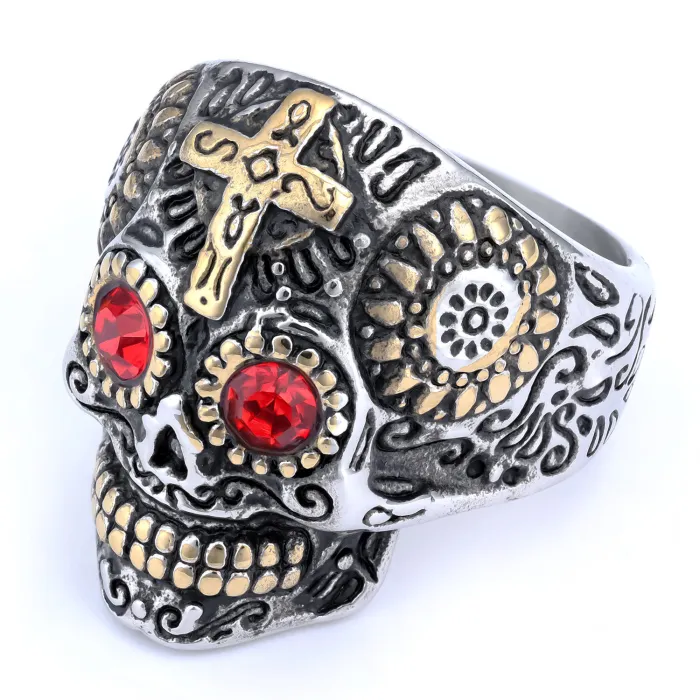 Gold Inlay Skull Cross Ring – Titanium Steel Gothic Carved Skeleton Ring for Men, Stainless Steel Punk Jewelry Wholesale