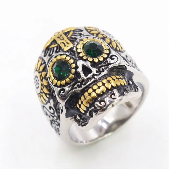 Gold Inlay Skull Cross Ring – Titanium Steel Gothic Carved Skeleton Ring for Men, Stainless Steel Punk Jewelry Wholesale