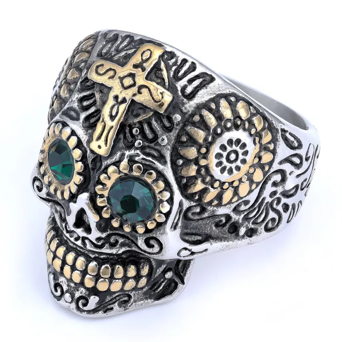 Gold Inlay Skull Cross Ring – Titanium Steel Gothic Carved Skeleton Ring for Men, Stainless Steel Punk Jewelry Wholesale