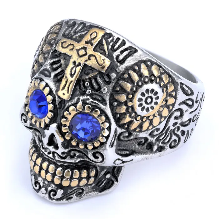 Gold Inlay Skull Cross Ring – Titanium Steel Gothic Carved Skeleton Ring for Men, Stainless Steel Punk Jewelry Wholesale