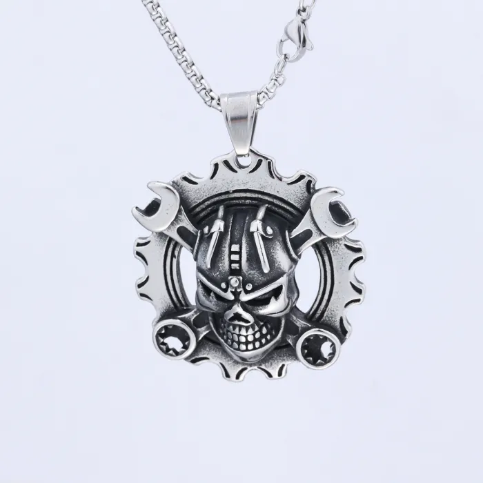 316L Stainless Steel Wrench & Skull Pendant Necklace – Biker Style, Heavy Metal Accessory
