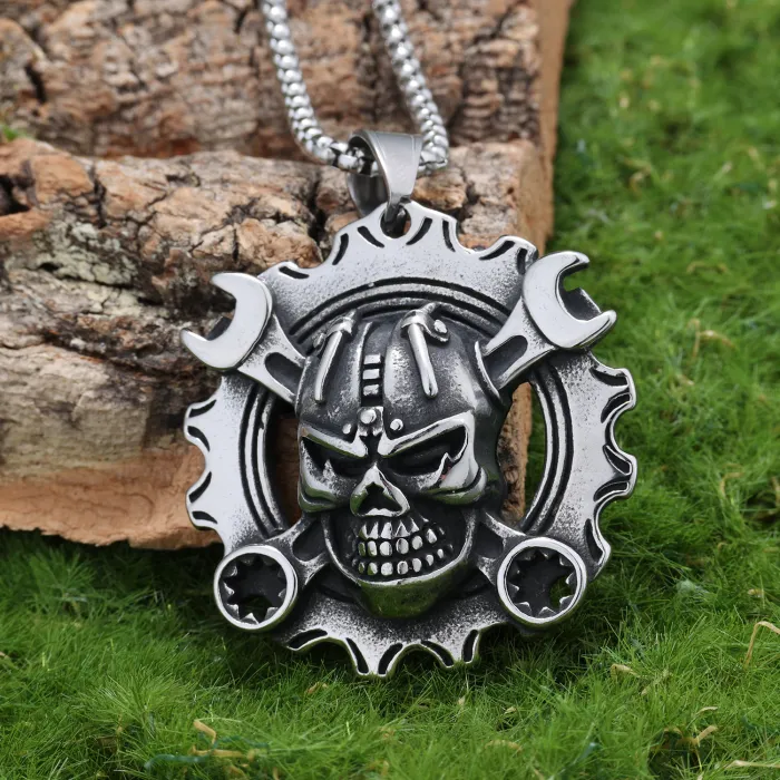 316L Stainless Steel Wrench & Skull Pendant Necklace – Biker Style, Heavy Metal Accessory