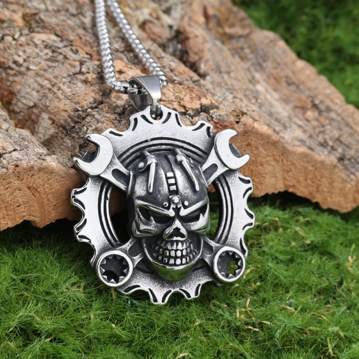 316L Stainless Steel Wrench & Skull Pendant Necklace – Biker Style, Heavy Metal Accessory