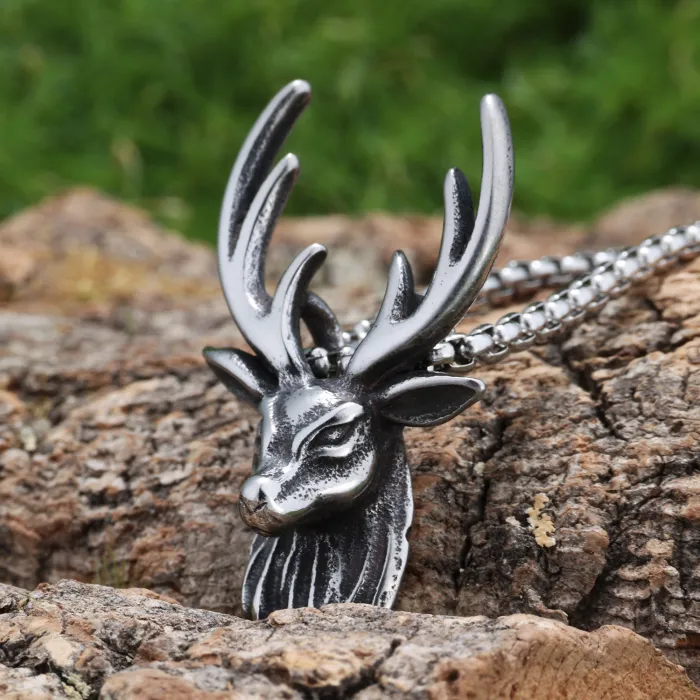 Vintage Stainless Steel Deer Head Pendant Necklace – Men's Forest Style Animal Jewelry