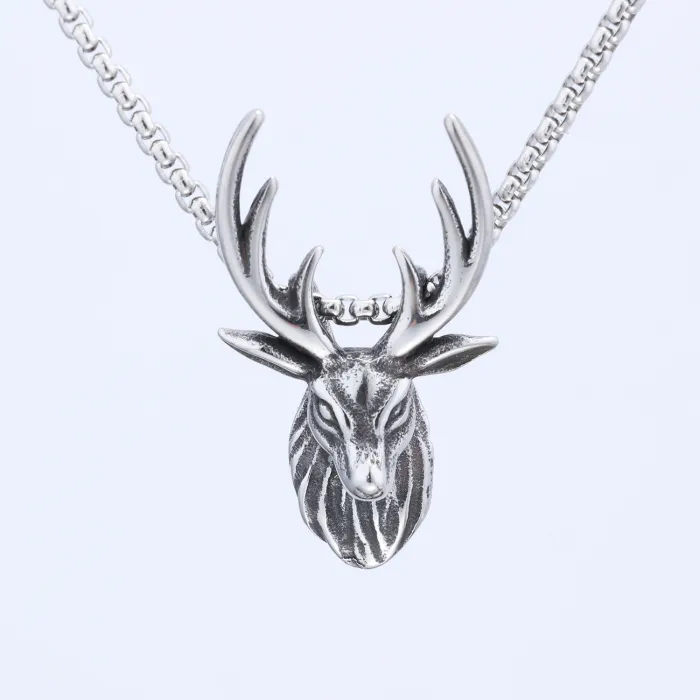 Vintage Stainless Steel Deer Head Pendant Necklace – Men's Forest Style Animal Jewelry