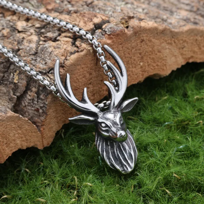 Vintage Stainless Steel Deer Head Pendant Necklace – Men's Forest Style Animal Jewelry
