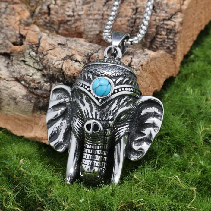 Elephant Turquoise Pendant Necklace – Stainless Steel Jungle Guardian Animal Jewelry, Hot-Selling Western Style