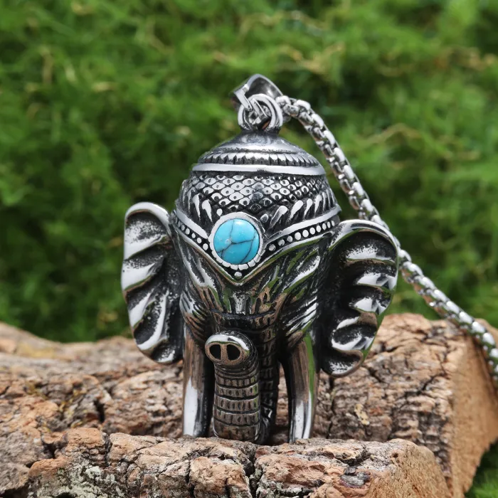 Elephant Turquoise Pendant Necklace – Stainless Steel Jungle Guardian Animal Jewelry, Hot-Selling Western Style