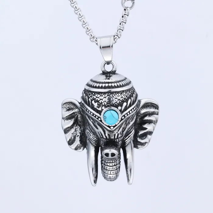 Elephant Turquoise Pendant Necklace – Stainless Steel Jungle Guardian Animal Jewelry, Hot-Selling Western Style