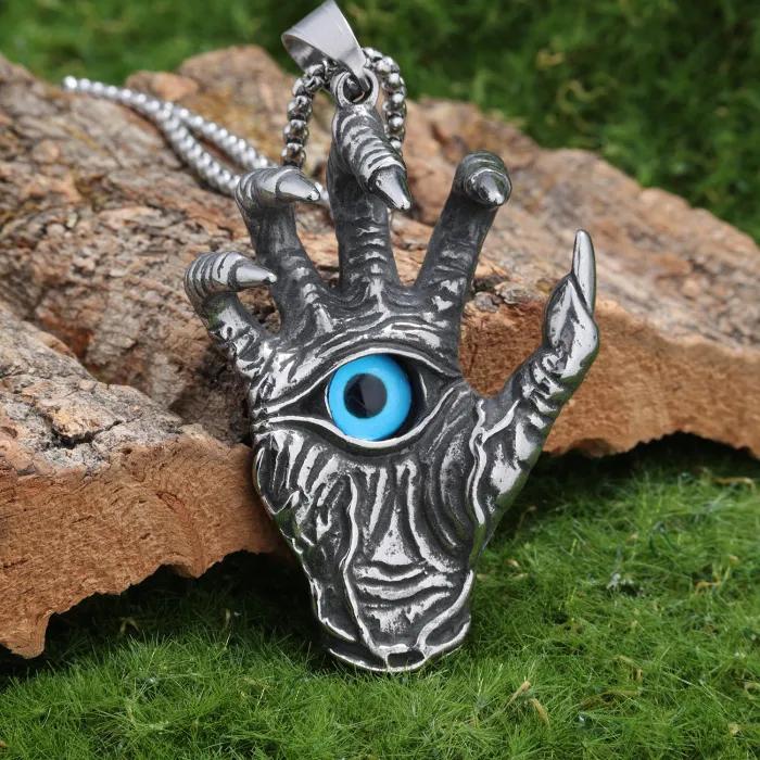 Trendy Evil Eye Hand Pendant – Hip-Hop Style Stainless Steel Necklace for Men