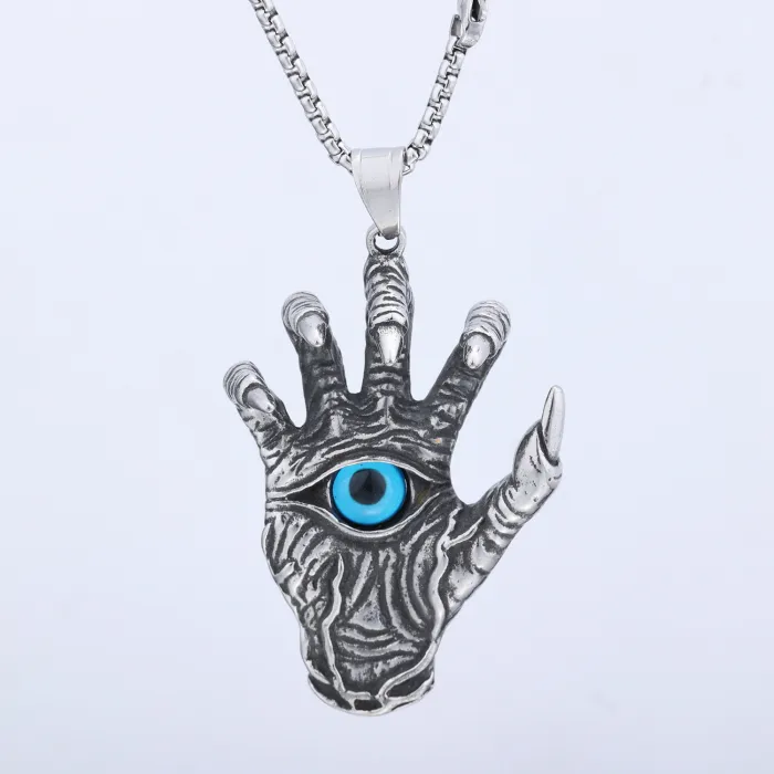 Trendy Evil Eye Hand Pendant – Hip-Hop Style Stainless Steel Necklace for Men