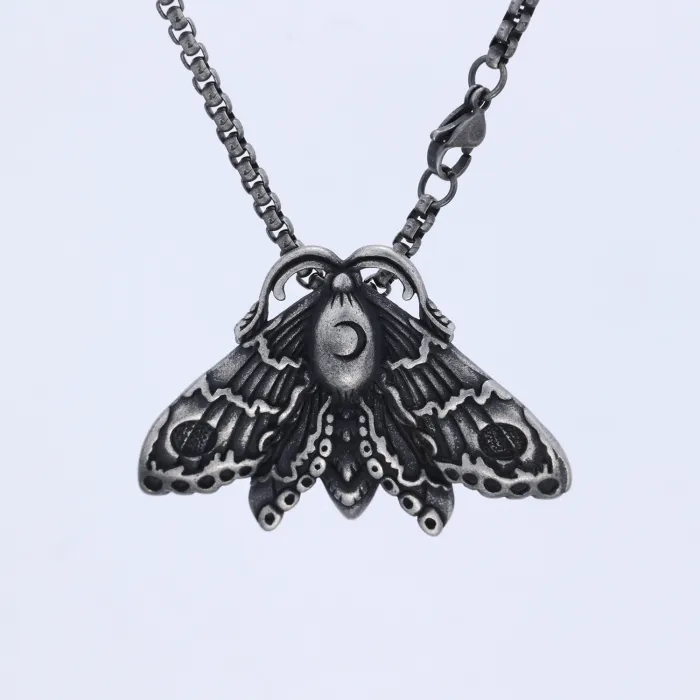 Gothic Moth Skull Pendant Necklace – Crescent Moon Totem Stainless Steel Jewelry