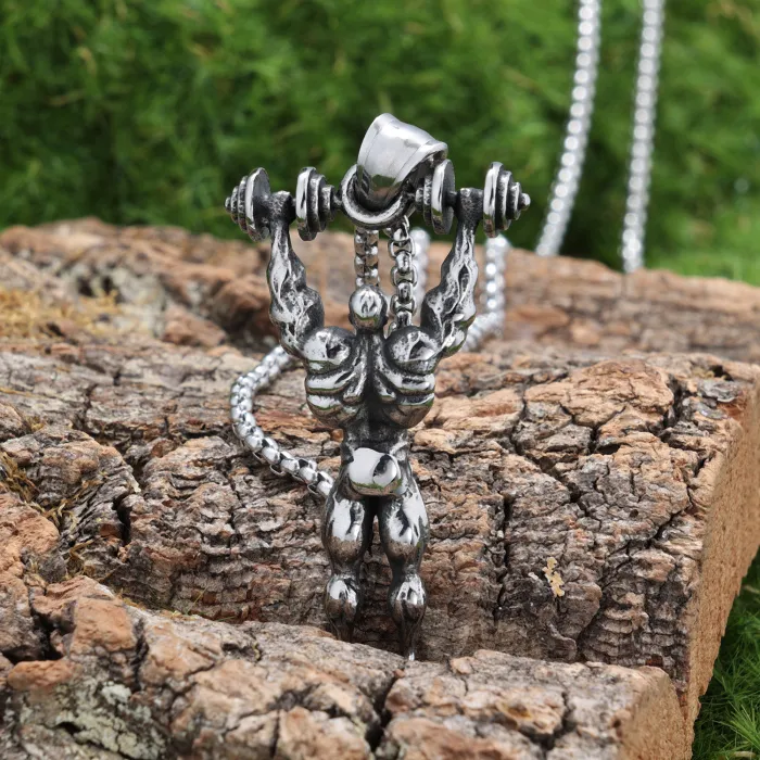 Vintage Fitness Dumbbell Pendant Necklace – Stainless Steel Bodybuilder Jewelry for Men