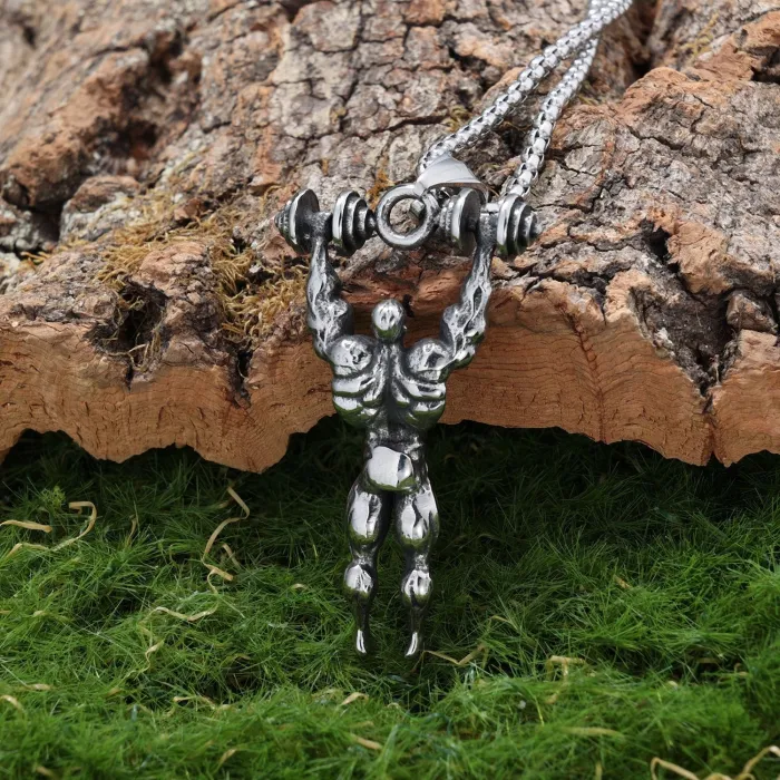 Vintage Fitness Dumbbell Pendant Necklace – Stainless Steel Bodybuilder Jewelry for Men