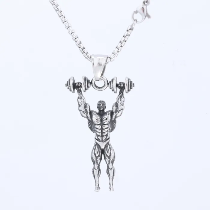 Vintage Fitness Dumbbell Pendant Necklace – Stainless Steel Bodybuilder Jewelry for Men