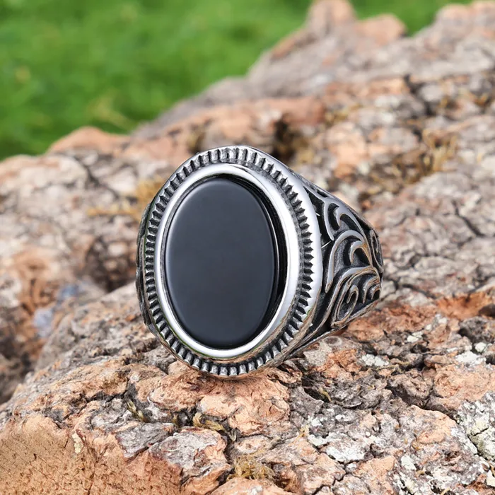 Vintage Black Agate Pattern Ring for Men – Retro Marble Style Statement Stainless Steel Band
