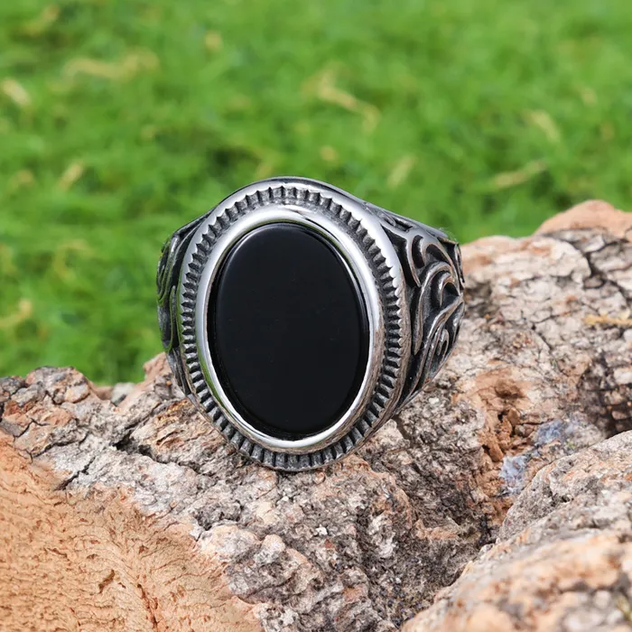 Vintage Black Agate Pattern Ring for Men – Retro Marble Style Statement Stainless Steel Band
