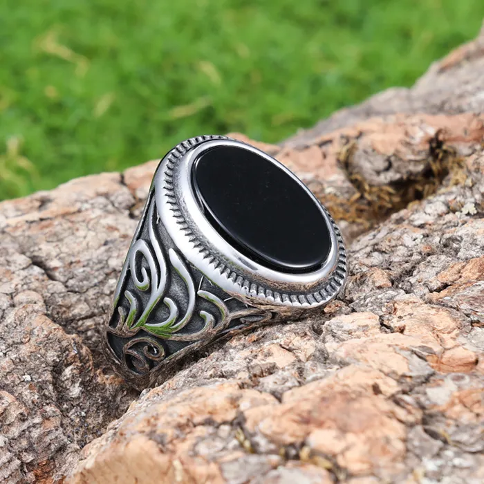 Vintage Black Agate Pattern Ring for Men – Retro Marble Style Statement Stainless Steel Band
