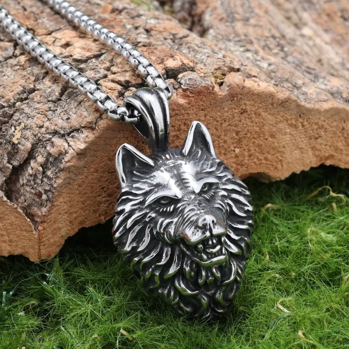 Stainless Steel Wolf Head Pendant – Vintage Punk Hip Hop Necklace for Men