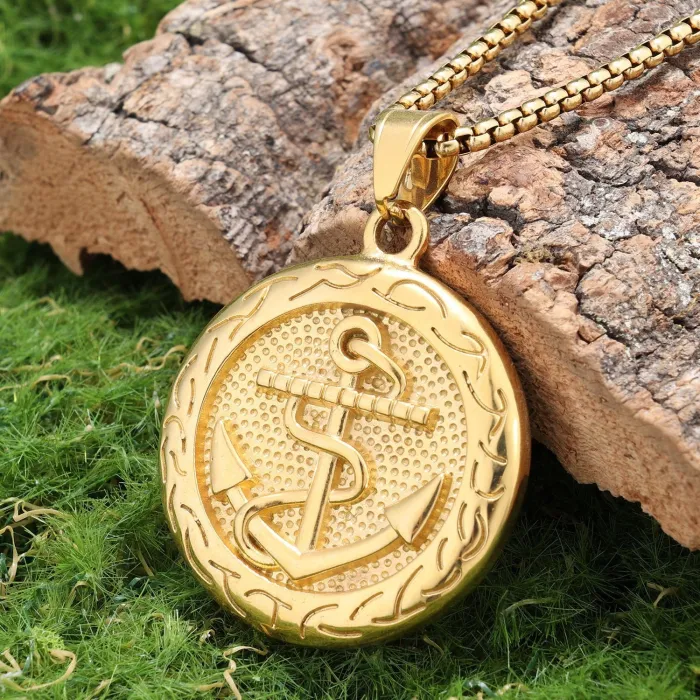 Vintage Pirate Anchor Pendant Necklace – Punk Style Coin Jewelry for Men & Women, Stainless Steel, Wholesale