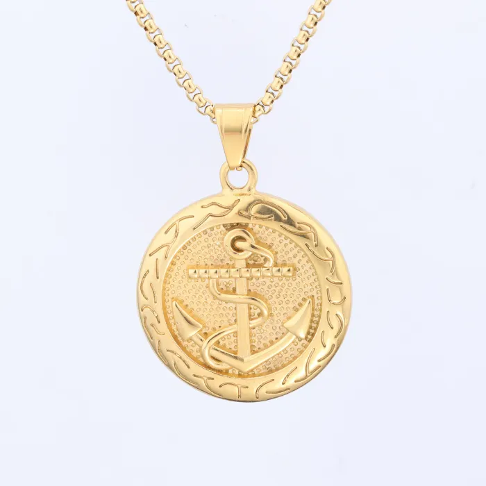 Vintage Pirate Anchor Pendant Necklace – Punk Style Coin Jewelry for Men & Women, Stainless Steel, Wholesale