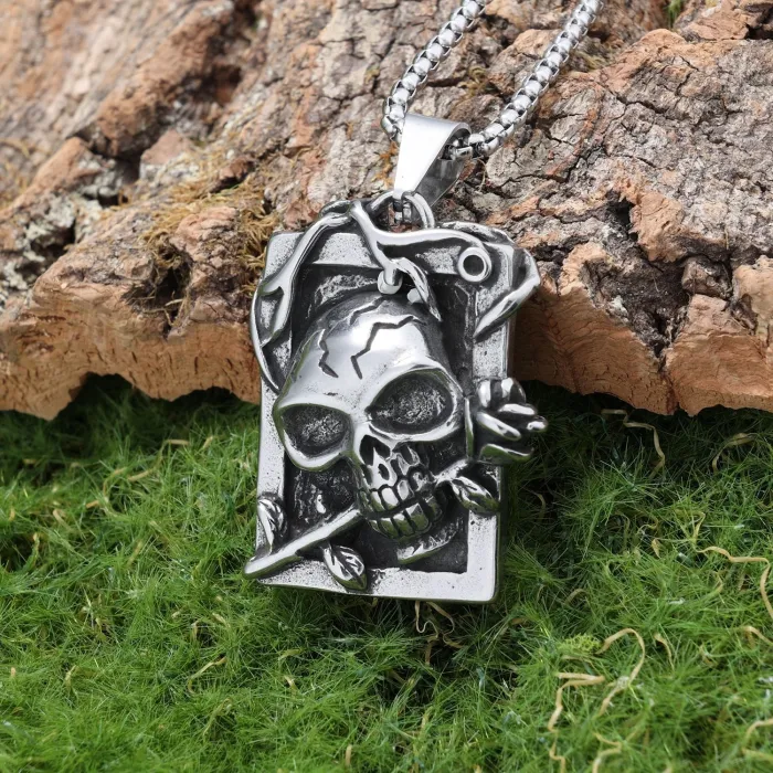 Skull & Rose Pendant Necklace – Gothic Punk Style Titanium Steel Jewelry, Factory Direct Supply
