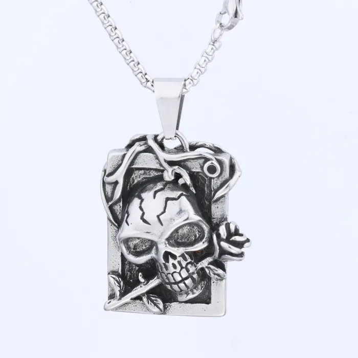 Skull & Rose Pendant Necklace – Gothic Punk Style Titanium Steel Jewelry, Factory Direct Supply