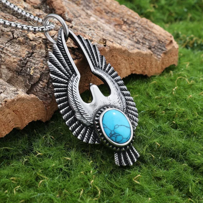Turquoise Eagle Pendant Necklace – Polished Titanium Steel Punk Vintage Jewelry for Men & Women