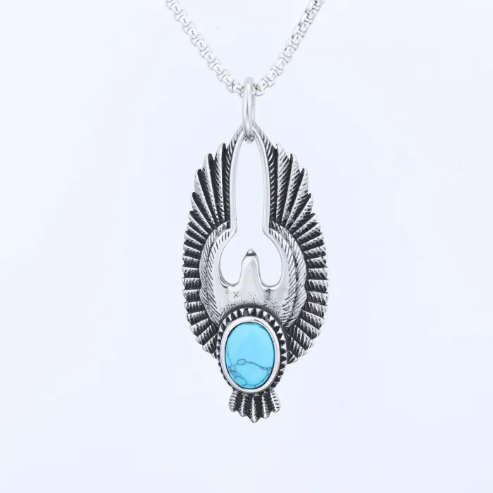 Turquoise Eagle Pendant Necklace – Polished Titanium Steel Punk Vintage Jewelry for Men & Women