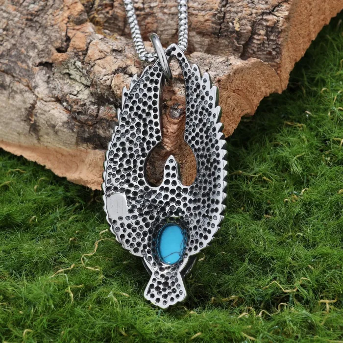 Turquoise Eagle Pendant Necklace – Polished Titanium Steel Punk Vintage Jewelry for Men & Women