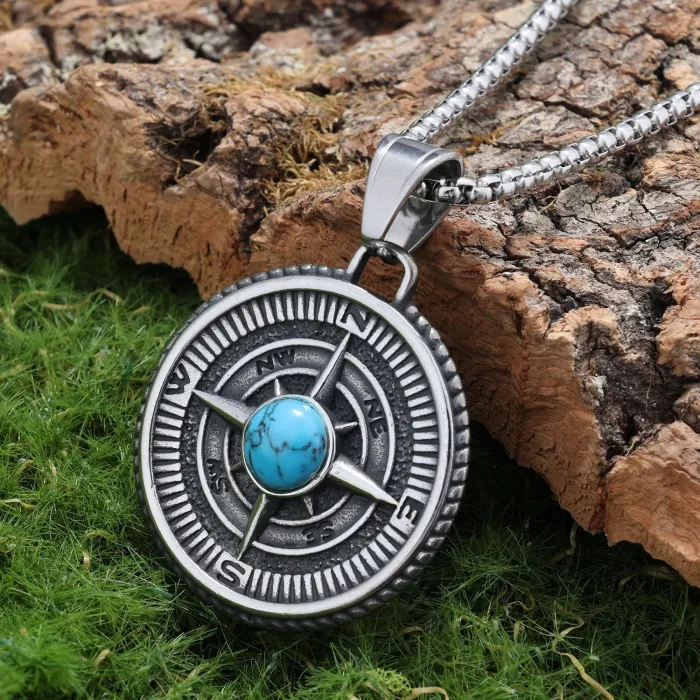 Viking Compass Turquoise Pendant – Stainless Steel Nordic Style Necklace for Daily Wear