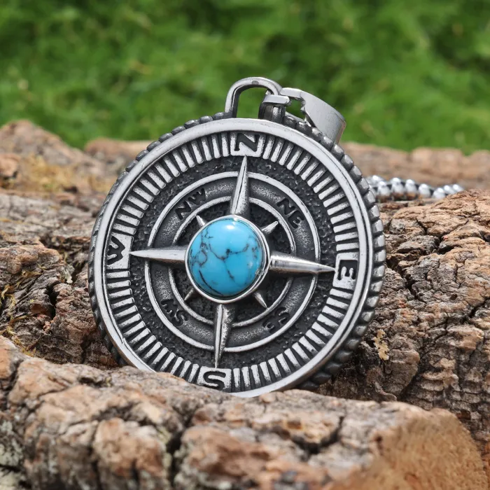 Viking Compass Turquoise Pendant – Stainless Steel Nordic Style Necklace for Daily Wear