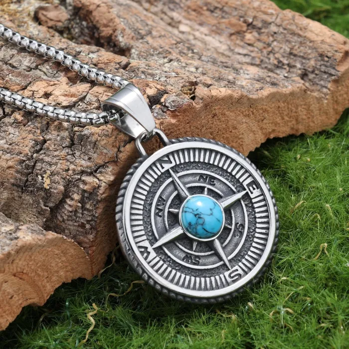 Viking Compass Turquoise Pendant – Stainless Steel Nordic Style Necklace for Daily Wear
