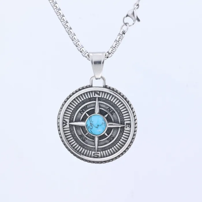 Viking Compass Turquoise Pendant – Stainless Steel Nordic Style Necklace for Daily Wear