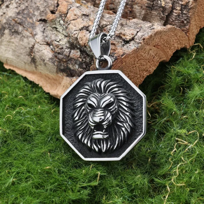 Hexagon Lion Head Pendant – Stainless Steel Hip Hop Necklace for Men, Bold Streetwear Jewelry