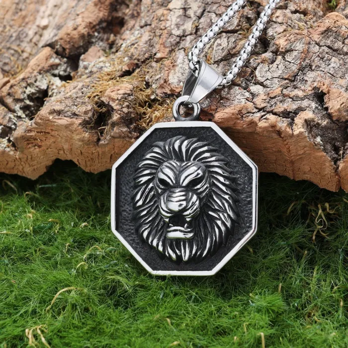 Hexagon Lion Head Pendant – Stainless Steel Hip Hop Necklace for Men, Bold Streetwear Jewelry