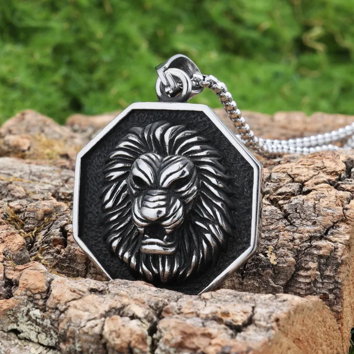 Hexagon Lion Head Pendant – Stainless Steel Hip Hop Necklace for Men, Bold Streetwear Jewelry