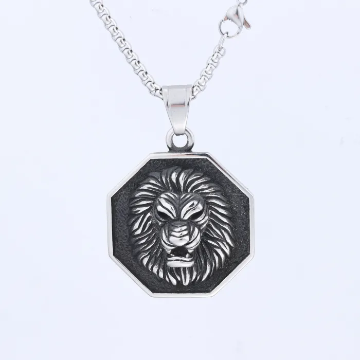Hexagon Lion Head Pendant – Stainless Steel Hip Hop Necklace for Men, Bold Streetwear Jewelry