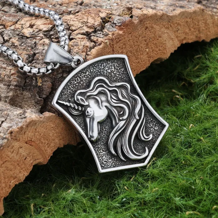 Oxidized Unicorn Shield Pendant – Viking Slavic Round Medallion Necklace, DIY Amulet Box Jewelry