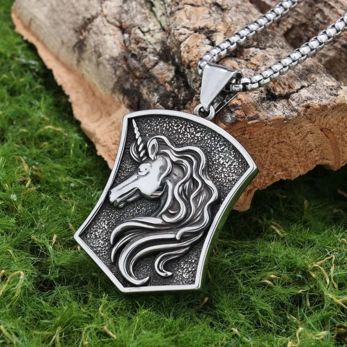 Oxidized Unicorn Shield Pendant – Viking Slavic Round Medallion Necklace, DIY Amulet Box Jewelry