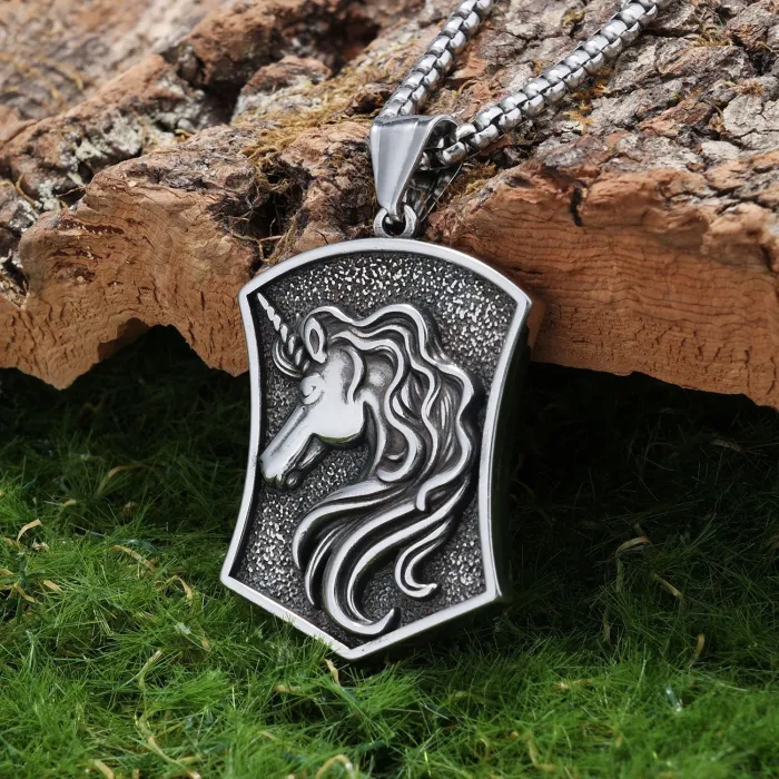 Oxidized Unicorn Shield Pendant – Viking Slavic Round Medallion Necklace, DIY Amulet Box Jewelry