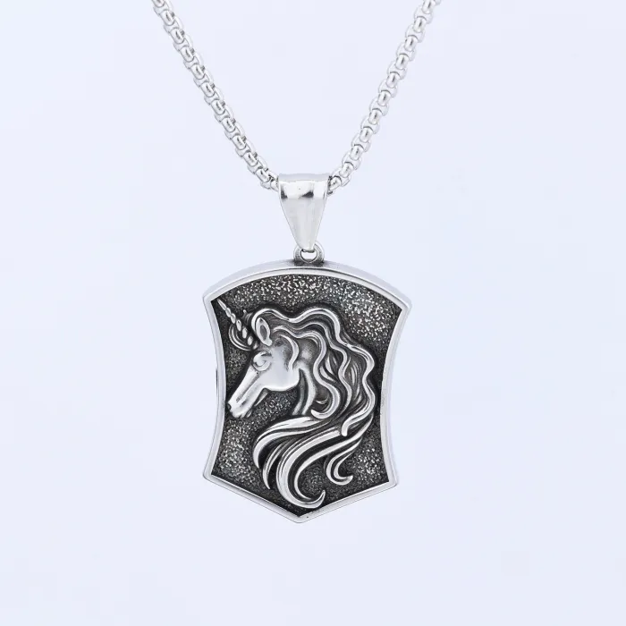 Oxidized Unicorn Shield Pendant – Viking Slavic Round Medallion Necklace, DIY Amulet Box Jewelry
