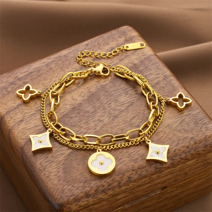 Bohemian Floral Stainless Steel Bracelet – Korean Style Tarnish-Free Double Chain Jewelry for Women | Everyday Wear | Wholesale