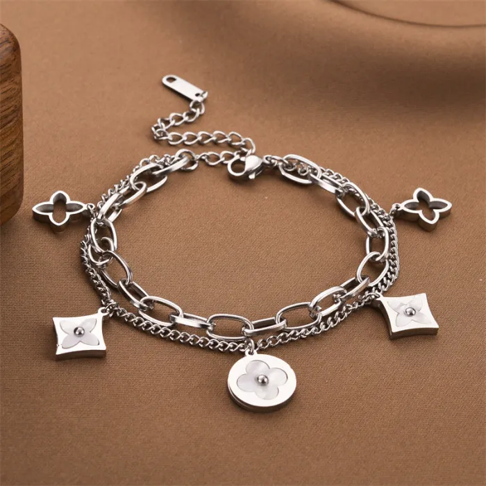 Bohemian Floral Stainless Steel Bracelet – Korean Style Tarnish-Free Double Chain Jewelry for Women | Everyday Wear | Wholesale