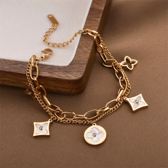 Bohemian Floral Stainless Steel Bracelet – Korean Style Tarnish-Free Double Chain Jewelry for Women | Everyday Wear | Wholesale
