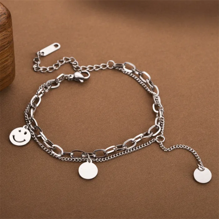 Boho Smiley Charm Bracelet – Stainless Steel Korean Layered Chain Jewelry for Women | Tarnish-Resistant | Wholesale